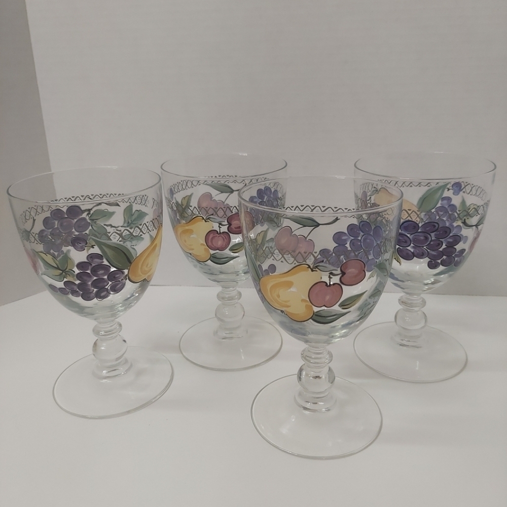 4 Painted Glass Goblets L'Amore By Nancy Calhoun Fruit Grapes Pears